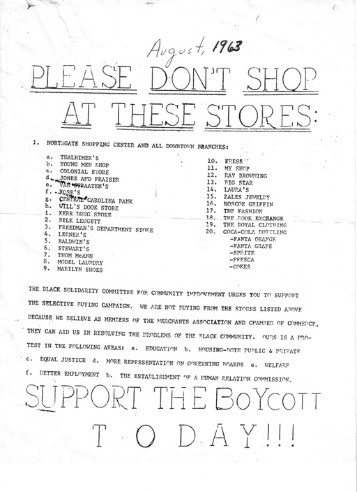 A boycott list of stores published by the Black Solidarity Committee for Community Improvement. 